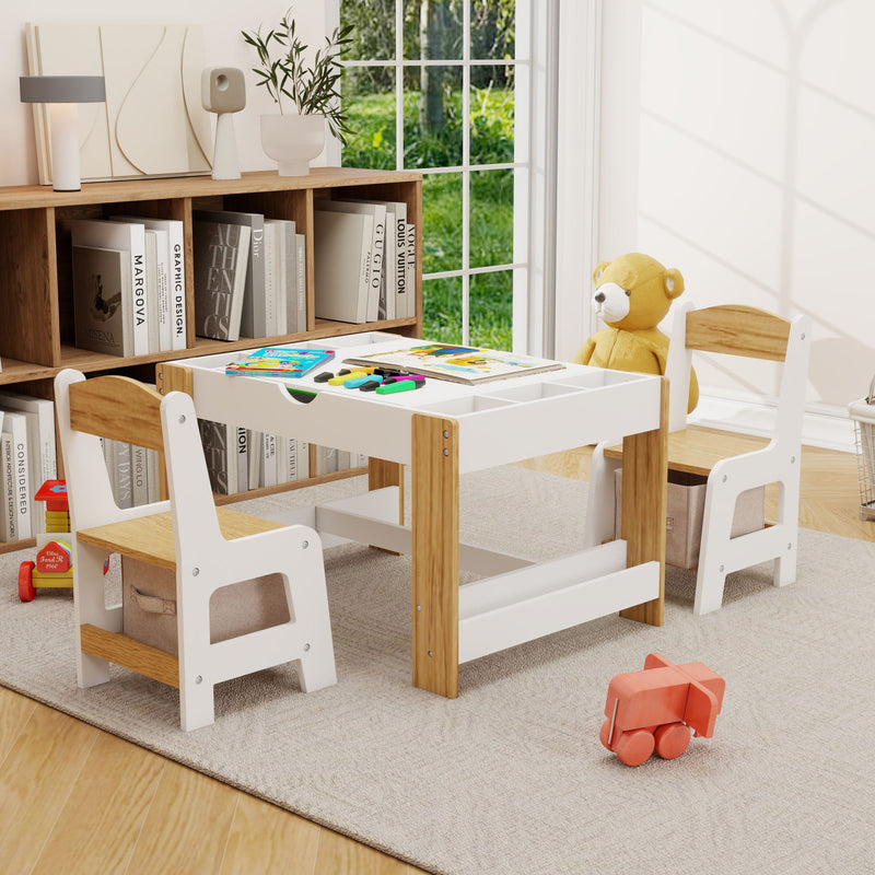 Load image into Gallery viewer, 2 in 1 Play Table and 2 Chair Set with Storage, Compatible with LEGO and Duplo Bricks, Activity Table Playset Furniture with Modern White Color
