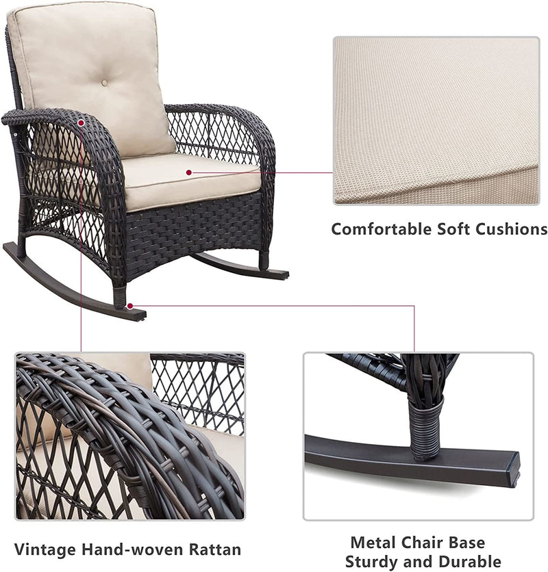 Load image into Gallery viewer, 3 Pieces Outdoor Wicker Rocker Patio Bistro Set;  Rocking Glider Chairs with Premium Cushions and Armored Glass Top Side Table;  Elegant Wicker Patio Bistro Conversation Sets for Backyard
