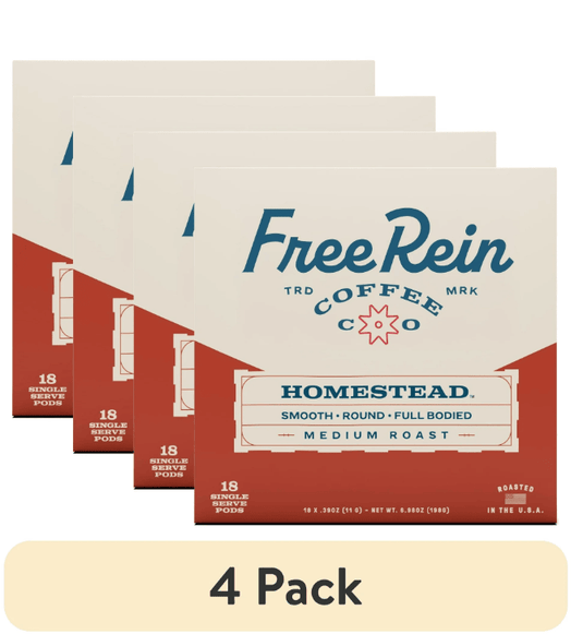(4 pack) Free Rein Coffee Company Homestead Medium Roast, Coffee Pods, 18ct