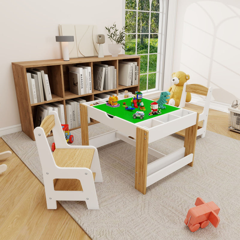 Load image into Gallery viewer, 2 in 1 Play Table and 2 Chair Set with Storage, Compatible with LEGO and Duplo Bricks, Activity Table Playset Furniture with Modern White Color
