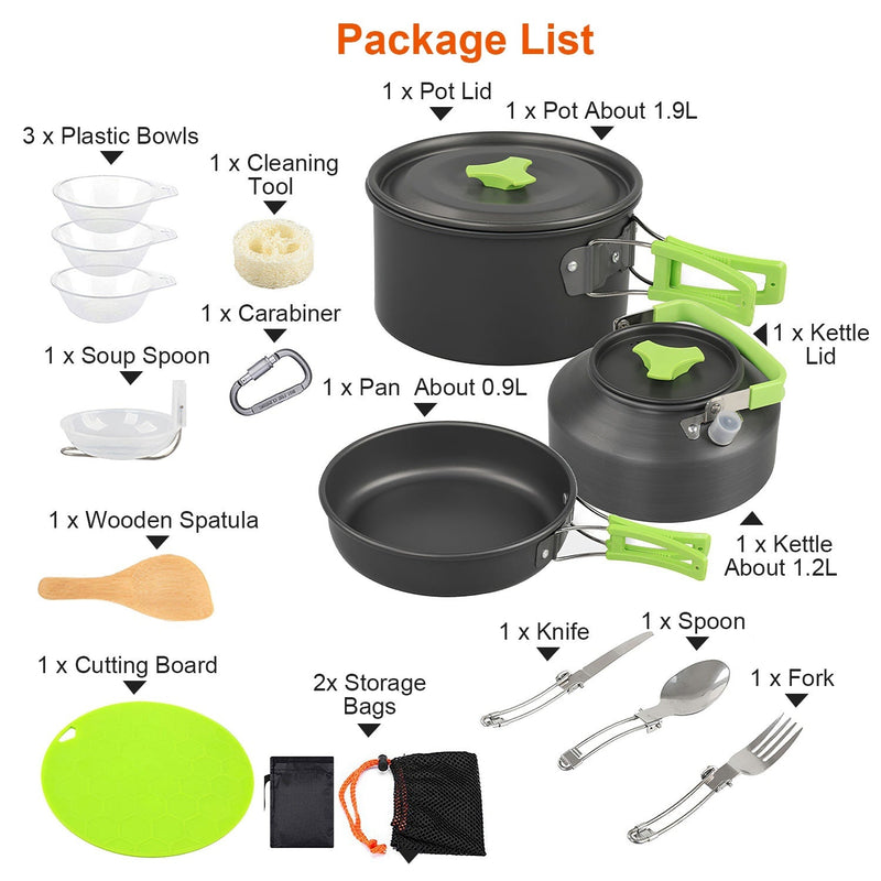 Load image into Gallery viewer, 16Pcs Camping Cooking Ware Set Camping Stove Cookware Kit Aluminum Pot Pan Kettle Set with Bowls Knife Fork Spoon Carabiner Spatula Cutting Board for Hiking Picnic Outdoor
