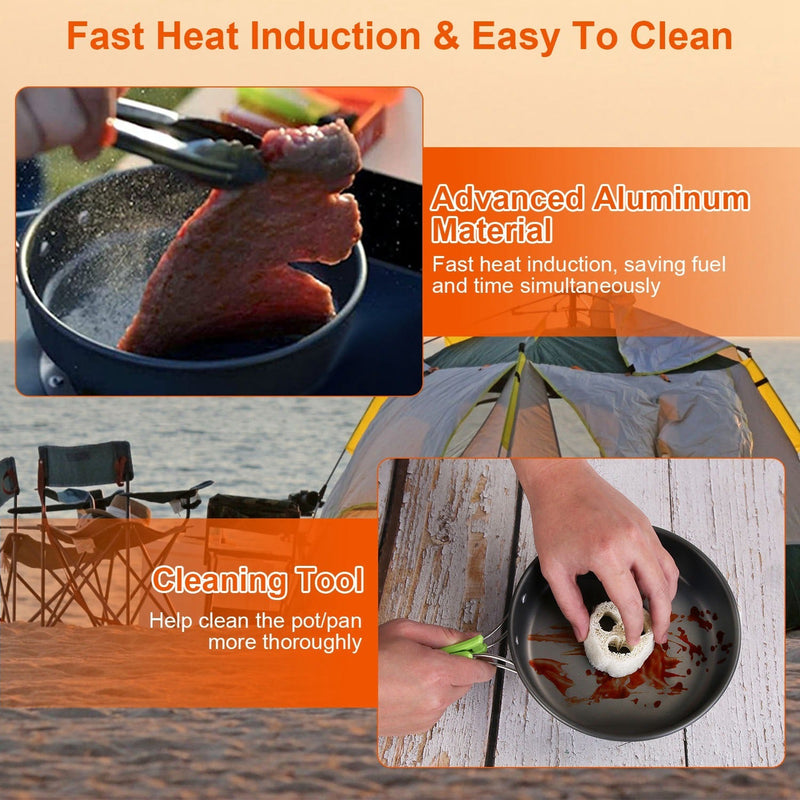 Load image into Gallery viewer, 16Pcs Camping Cooking Ware Set Camping Stove Cookware Kit Aluminum Pot Pan Kettle Set with Bowls Knife Fork Spoon Carabiner Spatula Cutting Board for Hiking Picnic Outdoor
