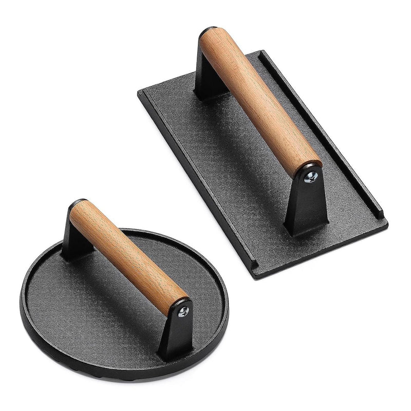 Load image into Gallery viewer, 2-Piece Cast Iron Grill Press Set – Round &amp; Rectangular Meat Smasher
