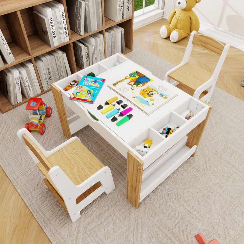 Load image into Gallery viewer, 2 in 1 Play Table and 2 Chair Set with Storage, Compatible with LEGO and Duplo Bricks, Activity Table Playset Furniture with Modern White Color
