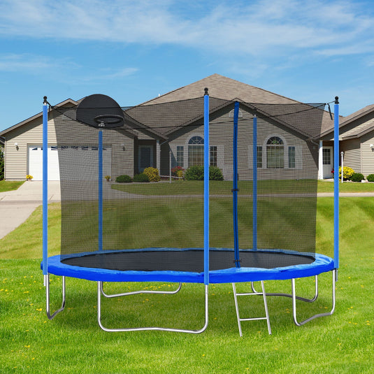12FT Trampoline with Safety Enclosure and Ladder - Perfect for Kids and Adults, Includes Basketball Hoop