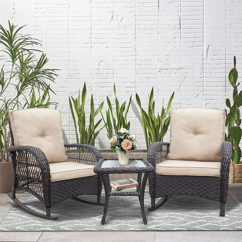 Load image into Gallery viewer, 3 Pieces Outdoor Wicker Rocker Patio Bistro Set;  Rocking Glider Chairs with Premium Cushions and Armored Glass Top Side Table;  Elegant Wicker Patio Bistro Conversation Sets for Backyard
