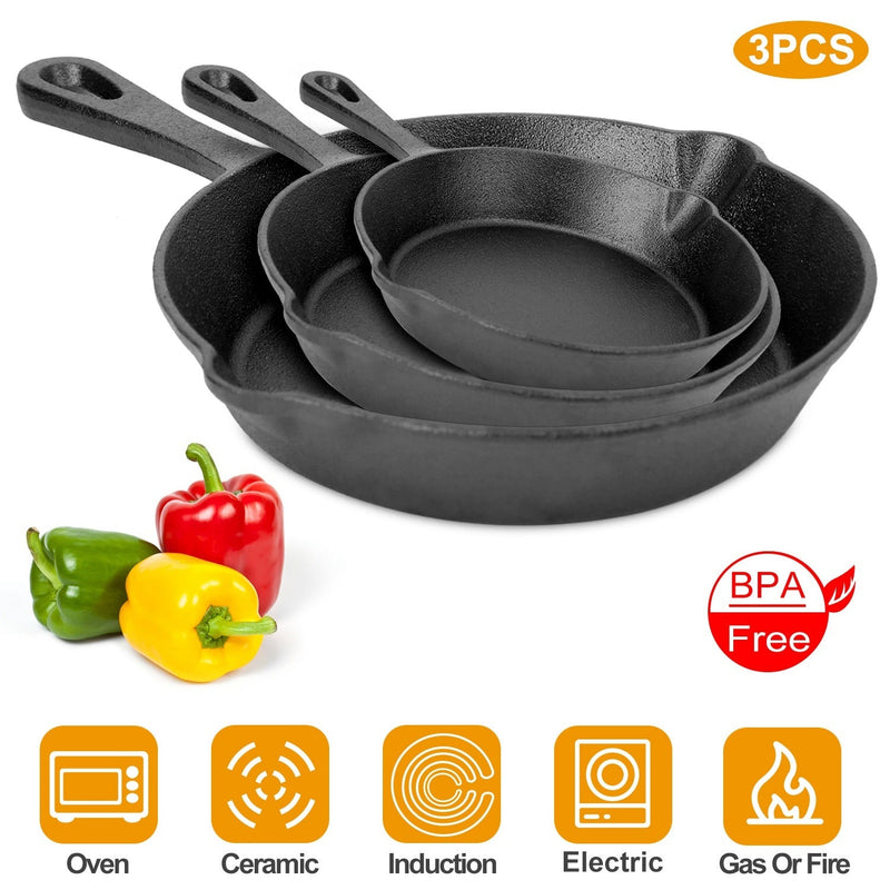 Load image into Gallery viewer, 3Pcs Pre-Seasoned Cast Iron Skillet Set 6/8/10in Non-Stick Oven Safe Cookware Heat-Resistant Frying Pan
