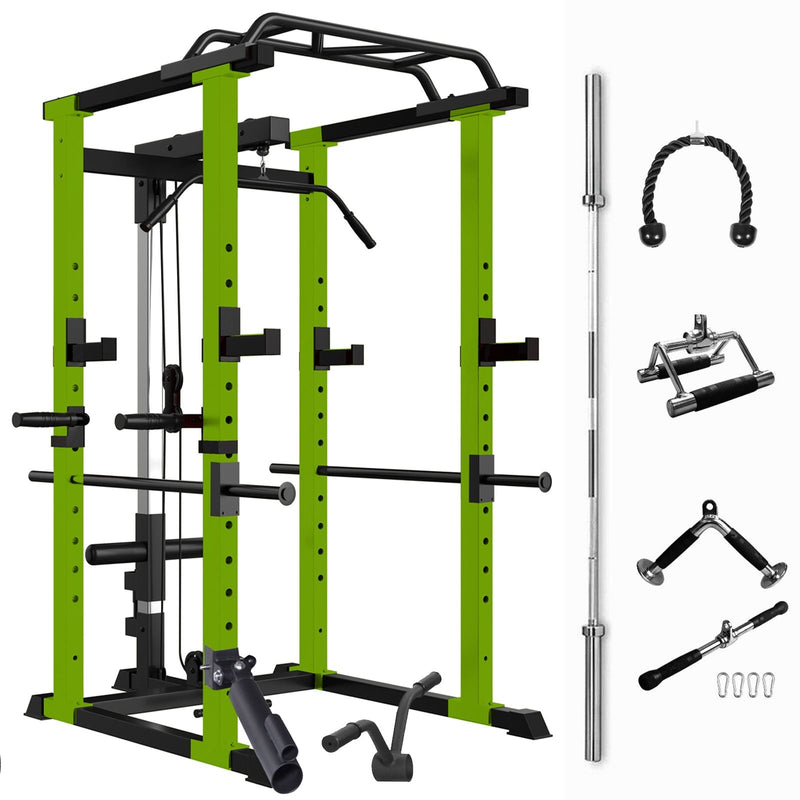Load image into Gallery viewer, 1000 lbs capacity Green Multi-functional Power Cage, Home Adjustable Pullup Power Rack Comprehensive Fitness Barbell Rack Olympic Bar
