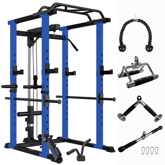 1000 lbs. capacity Blue Multi-functional Power Cage, Home Adjustable Pullup Squat Rack Comprehensive Fitness Barbell Rack