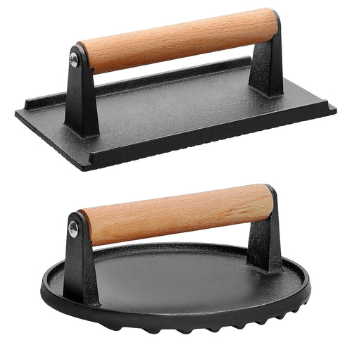 2-Piece Cast Iron Grill Press Set – Round & Rectangular Meat Smasher