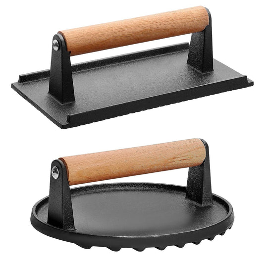 2-Piece Cast Iron Grill Press Set – Round & Rectangular Meat Smasher