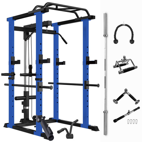1000 lbs. capacity Blue Multi-functional Power Cage, Home Adjustable Pullup Squat Rack Comprehensive Fitness Barbell Rack Olympic Bar