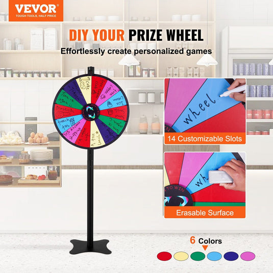 24-inch Prize Wheel, 14 Slots Spinning Wheel, Roulette Wheel with a Dry Erase and 2 Markers, Tabletop or Floor Standing