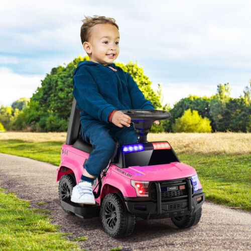 Dur6V Kids Police Car with Real Megaphone and Flashing Lights-Pink