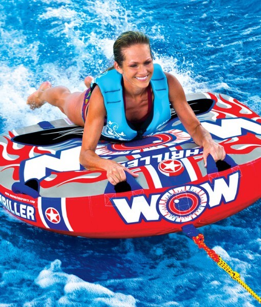 Load image into Gallery viewer, WOW Sports Thriller 1 Person Towable Water Tube - Starter Kit w/ 12V Pump &amp; 1K Tow Rope
