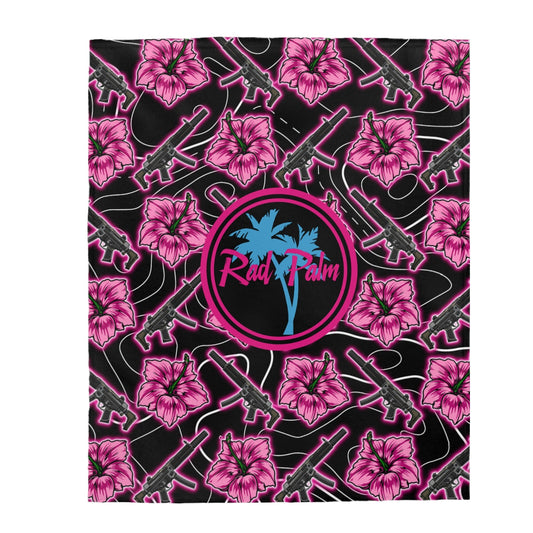 Rad Palm High Capacity Hibiscus Black Neon Velveteen Plush Blanket
