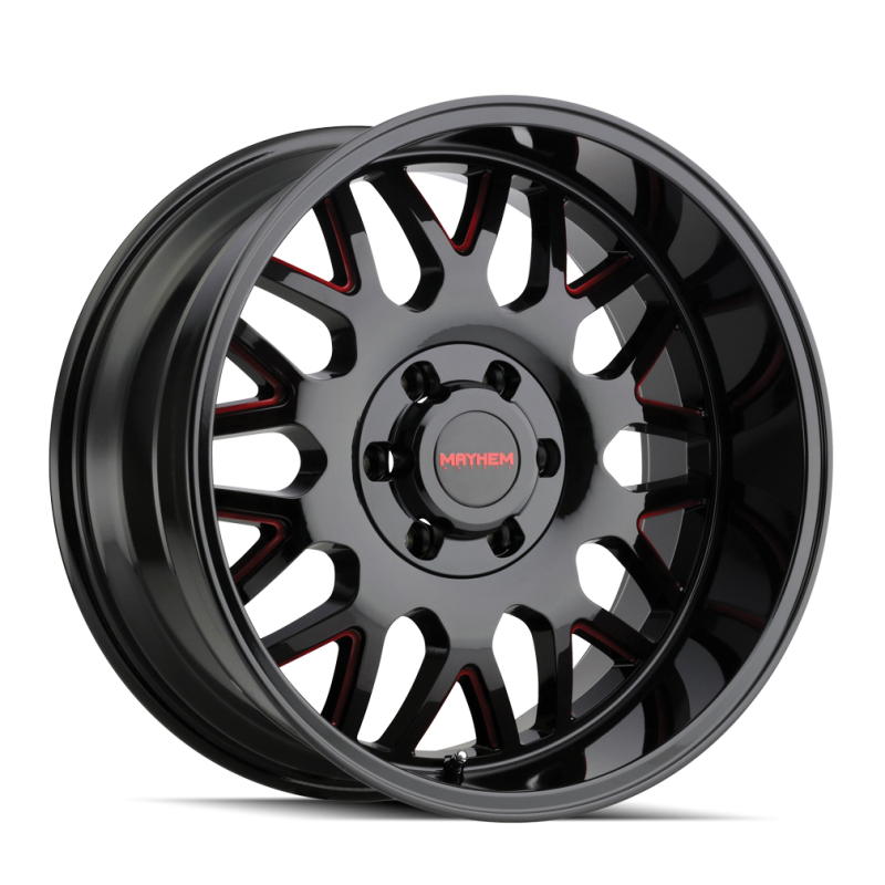 Load image into Gallery viewer, Mayhem 8110 Tripwire 20x9 / 8x165.1 BP / 0mm Offset / 130.8mm Hub Black w/ Prism Red Wheel
