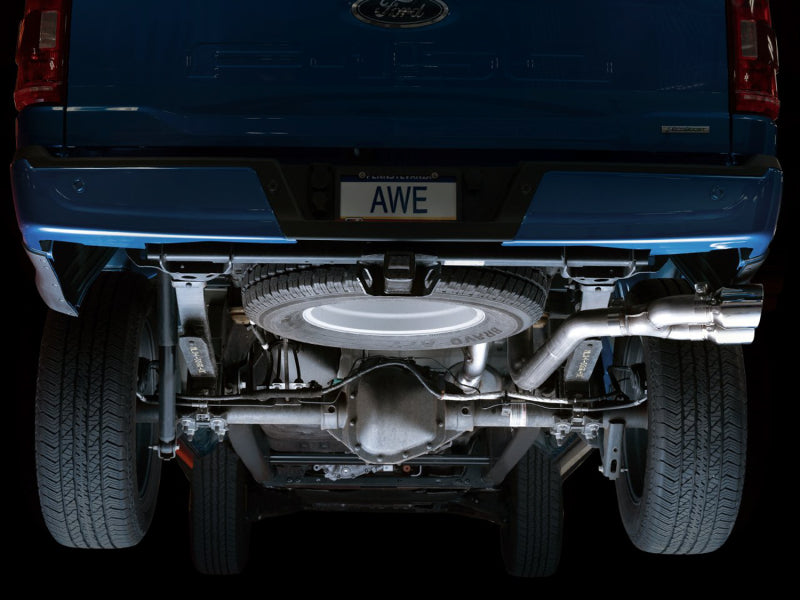 Load image into Gallery viewer, AWE 0FG 21+ Ford F150 Dual Side Exit Cat-Back Exhaust- 4.5in Chrome Silver Tips
