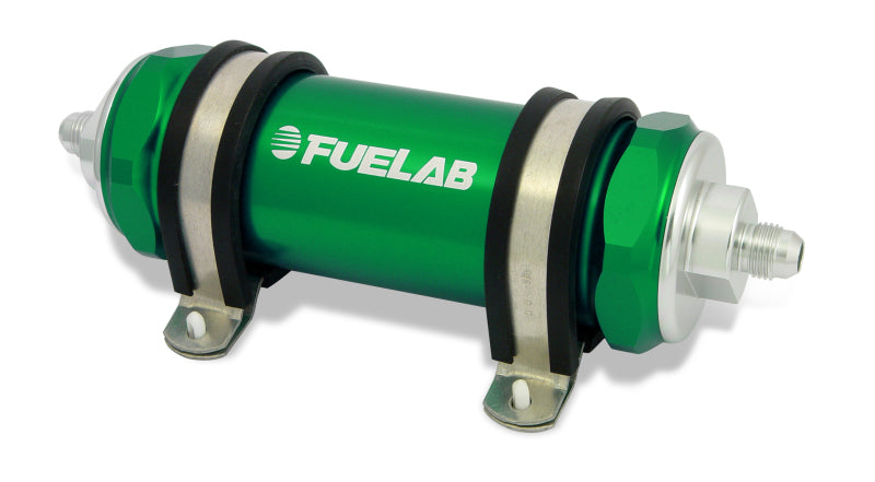 Load image into Gallery viewer, Fuelab 858 In-Line Fuel Filter Long -10AN In/Out 10 Micron Fabric w/Check Valve - Green

