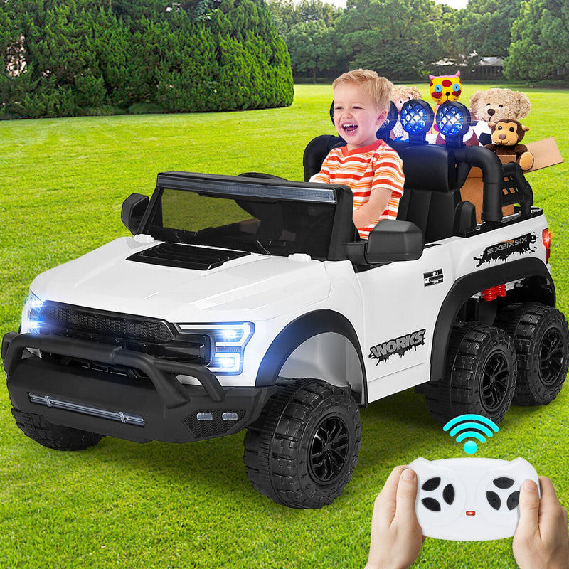 Load image into Gallery viewer, Electric 12V Kids Ride On Pickup Truck with MP3, LED Lights, and 6 Wheels in White and Pink
