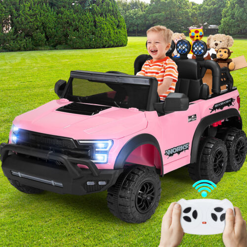 Load image into Gallery viewer, Electric 12V Kids Ride On Pickup Truck with MP3, LED Lights, and 6 Wheels in White and Pink
