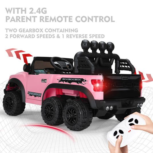 Electric 12V Kids Ride On Pickup Truck with MP3, LED Lights, and 6 Wheels in White and Pink