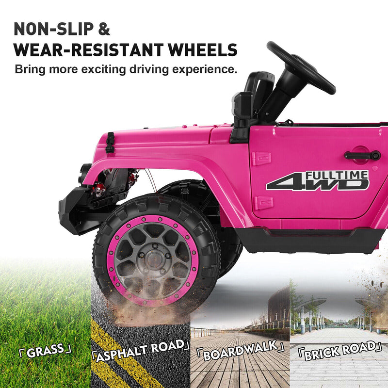 Load image into Gallery viewer, Electric 12V Pink Kids Ride On Jeep with USB, LED, Bluetooth, and RC Control

