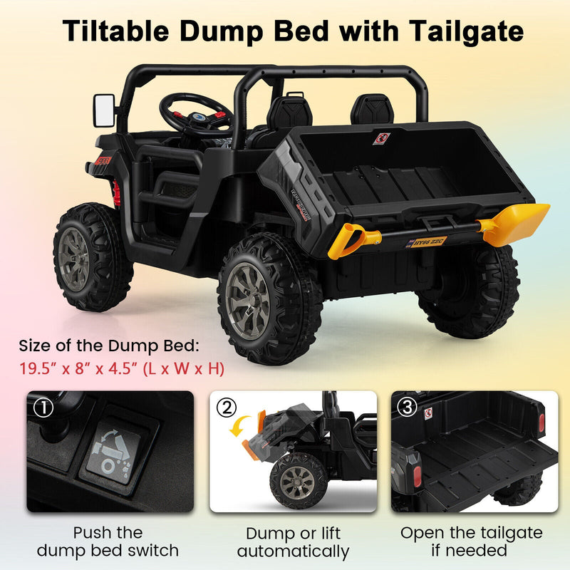 Load image into Gallery viewer, Electric 2 Seater UTV Dump Truck with Remote Control, Dump Bed, and Shovel - Black
