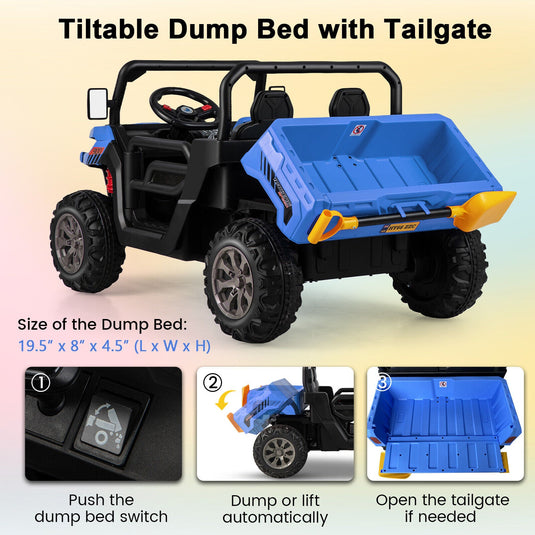 Electric 2 Seater UTV Dump Truck with Remote Control, Dump Bed, and Shovel - Blue