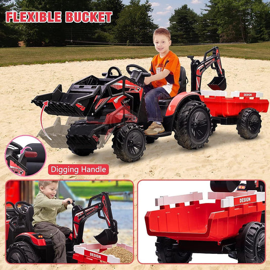 Electric 24V Ride-On Excavator Bulldozer with Trailer for Kids - Remote Control Included