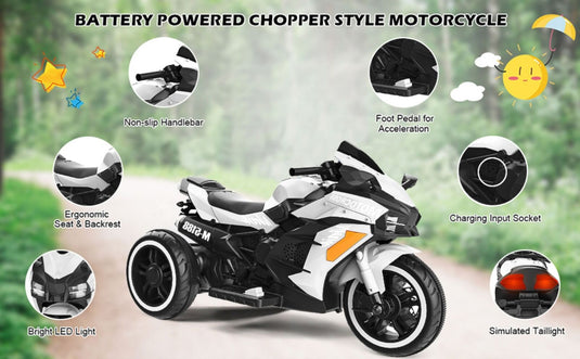 Electric 3-Wheel Kids Motorcycle with Rechargeable Battery - White