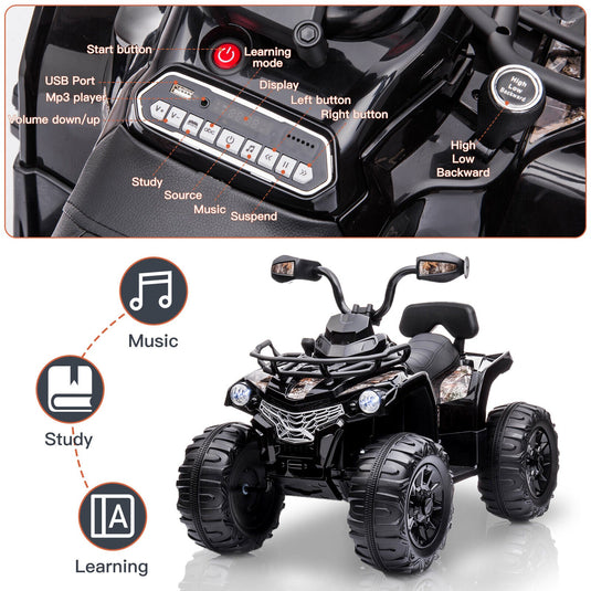 12V Battery Powered Ride On Quad ATV Toy with LED Headlights for Kids