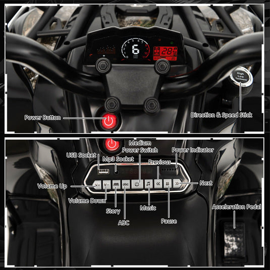 Electric 4-Wheeler Quad for Kids with 2 Speeds, Mp3 Player, and Headlights - Black
