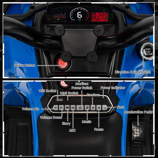 Electric 4-Wheeler Quad for Kids with 2 Speeds, Mp3 Player, and Headlights - Blue