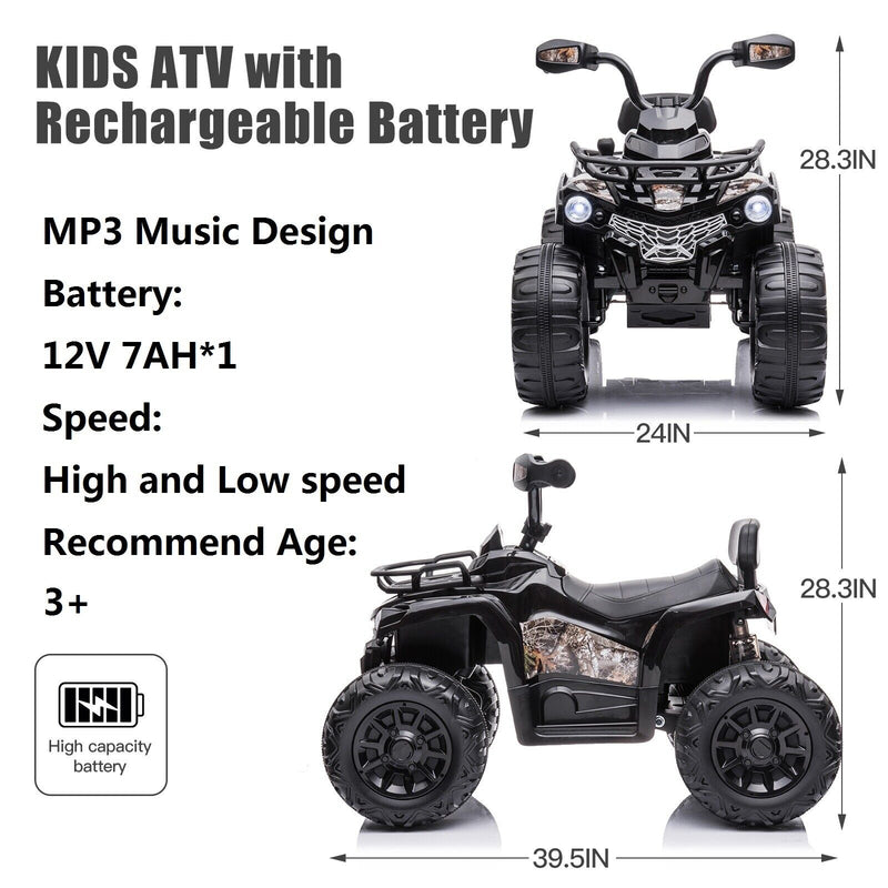 Load image into Gallery viewer, Electric 4-Wheeler Quad for Kids with MP3 and Headlights - 2 Speeds, 12V, Black

