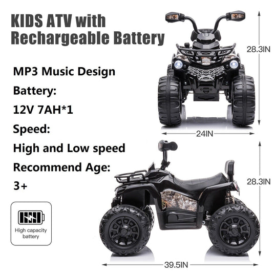 Electric 4-Wheeler Quad for Kids with MP3 and Headlights - 2 Speeds, 12V, Black