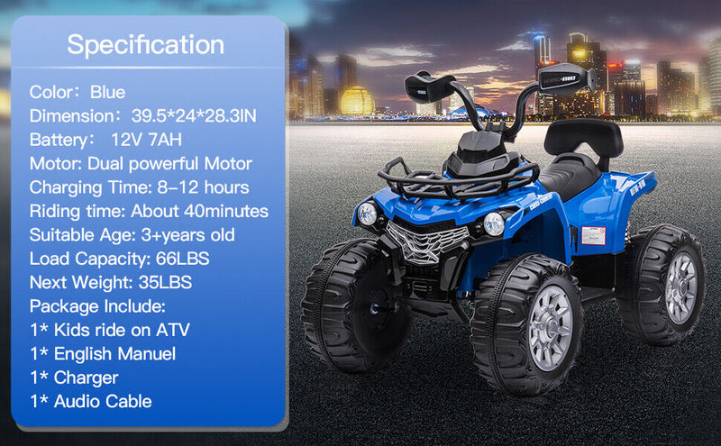 Load image into Gallery viewer, Electric 4-Wheeler Quad for Kids with Music and LED Lights - 12V Blue ATV Ride On
