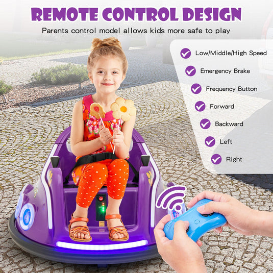 Electric Bumper Car for Kids with Remote Control, LED Lights, and Music - Purple