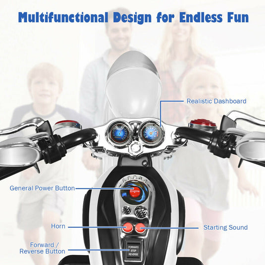 Electric Chopper Motorcycle for Kids with Headlight and 3 Wheels - White