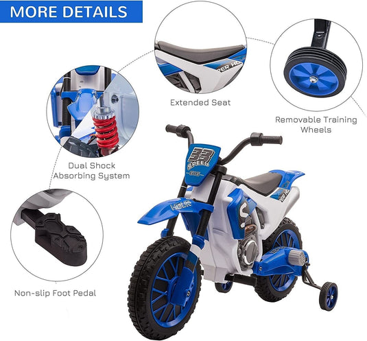 Electric Dirt Bike for Kids with Training Wheels and Rechargeable Battery - Blue