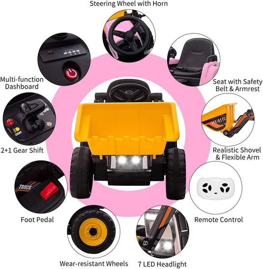 Electric Excavator Truck for Kids with 3 Speeds and Music - 12V Battery Powered Digger Ride-On