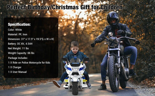 Electric Kids Police Ride On 3 Wheel Motorcycle with MP3 Player - Toddler Car Toy