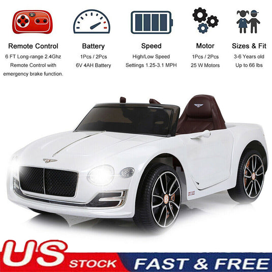 Electric Kids Ride-On Car with Remote Control, LED Lights, MP3 Player, and Bentley-Inspired Design - 12V