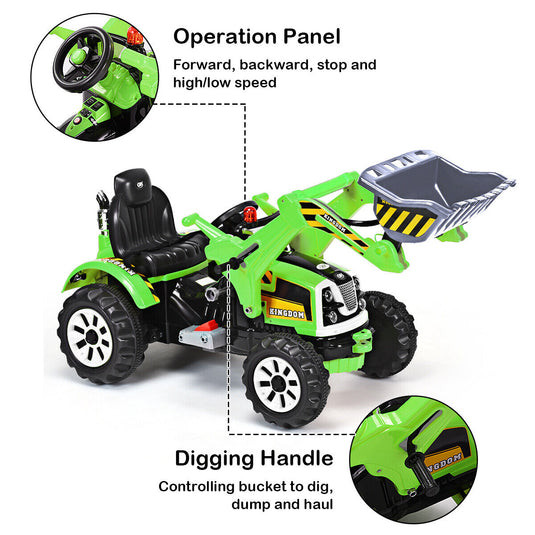 Electric Kids Ride-On Excavator Truck Toy - Green 12V Toddler Vehicle