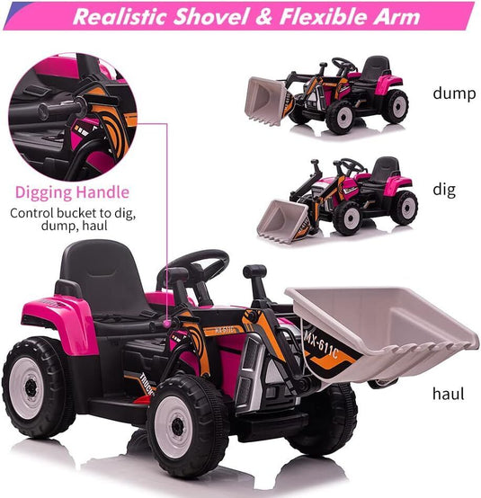 Electric Kids Ride-On Excavator with Remote Control - Rose Red