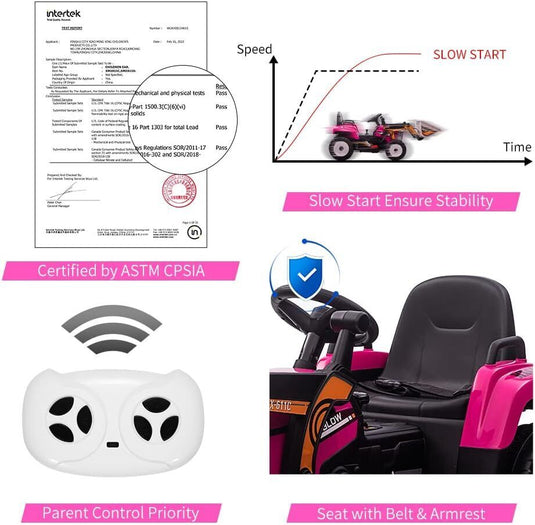 Electric Kids Ride-On Excavator with Remote Control - Rose Red