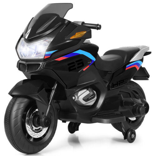 Load image into Gallery viewer, Electric Kids Ride-On Motorcycle with Training Wheels and Lights - Black
