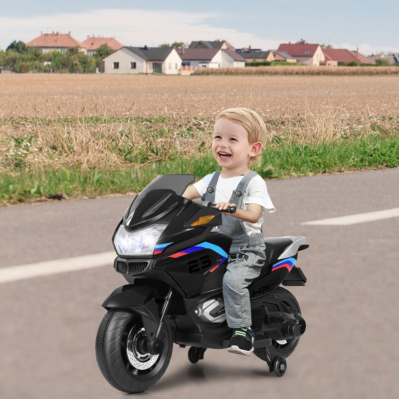 Load image into Gallery viewer, Electric Kids Ride-On Motorcycle with Training Wheels and Lights - Black
