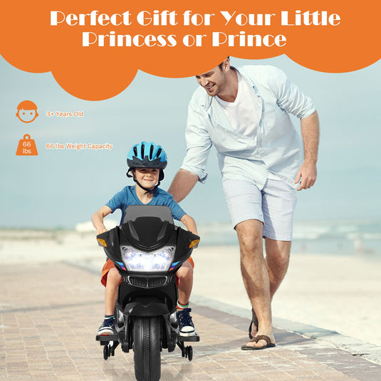 Electric Kids Ride-On Motorcycle with Training Wheels and Lights - Black