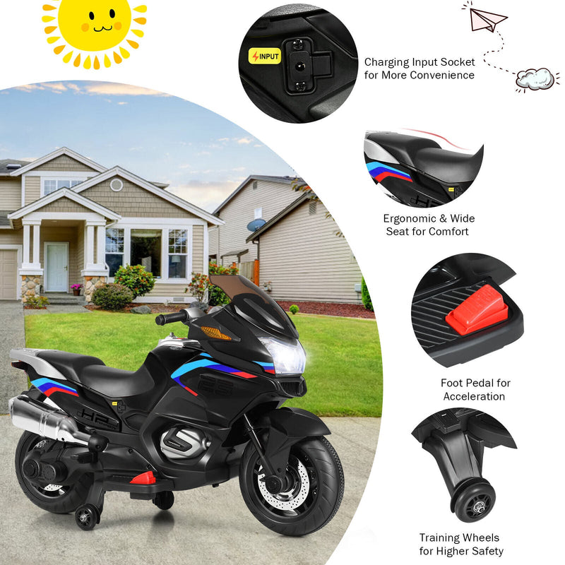 Load image into Gallery viewer, Electric Kids Ride-On Motorcycle with Training Wheels and Lights - Black
